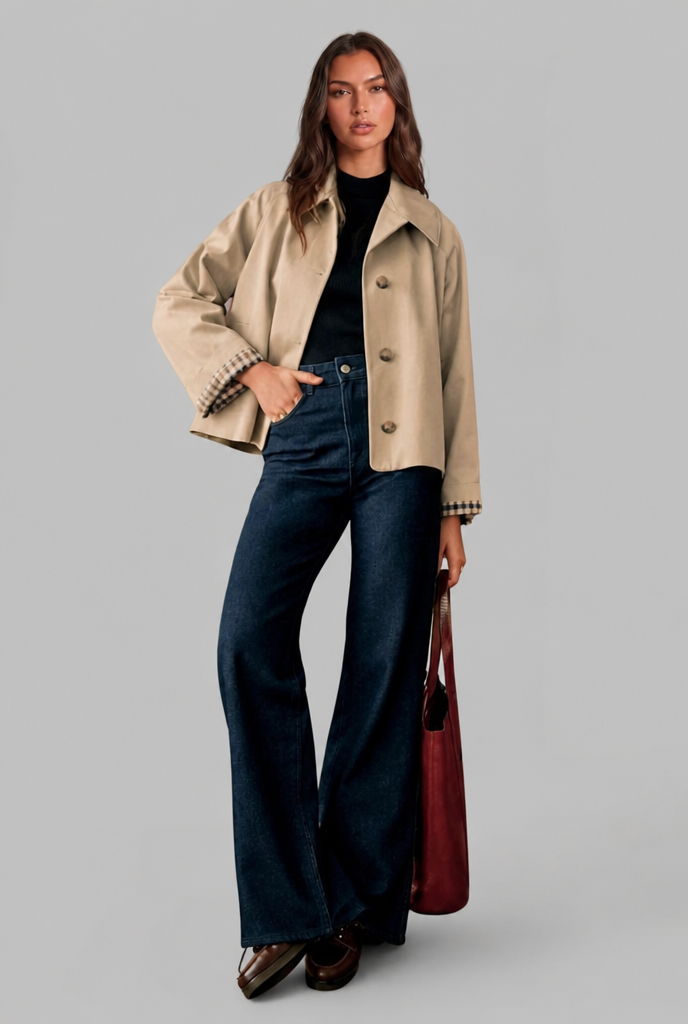 Trench Donna Corto Boxy con Fodera a Quadri e Bottoni