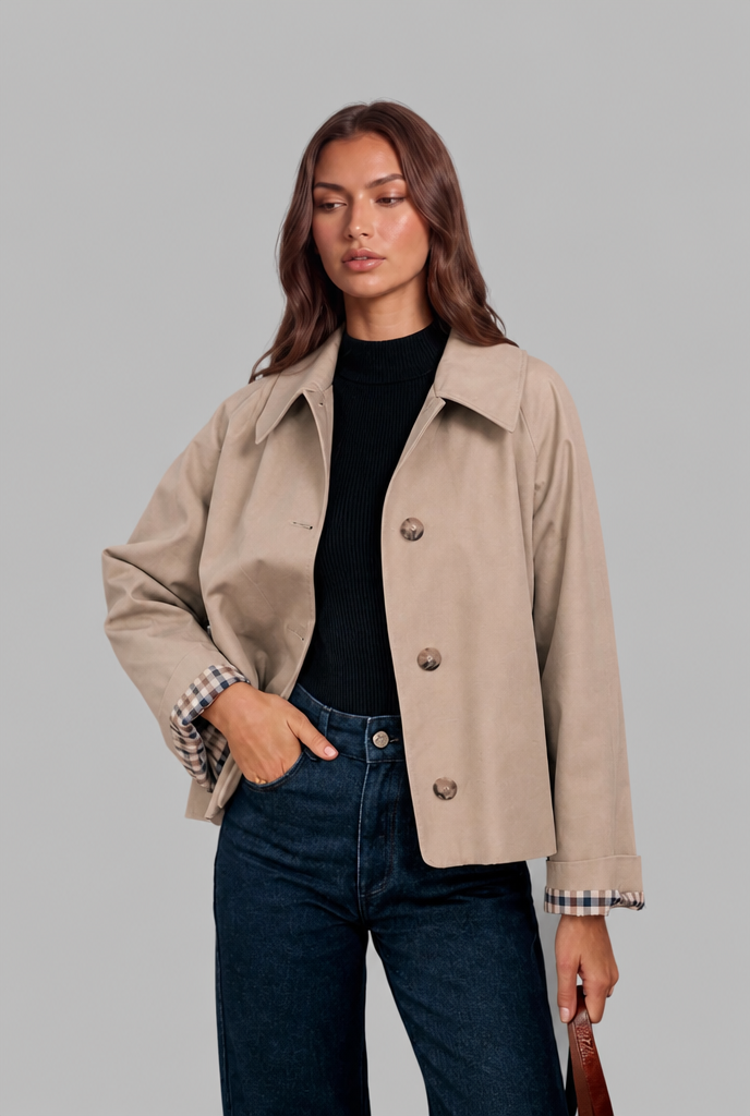 Trench Donna Corto Boxy con Fodera a Quadri e Bottoni