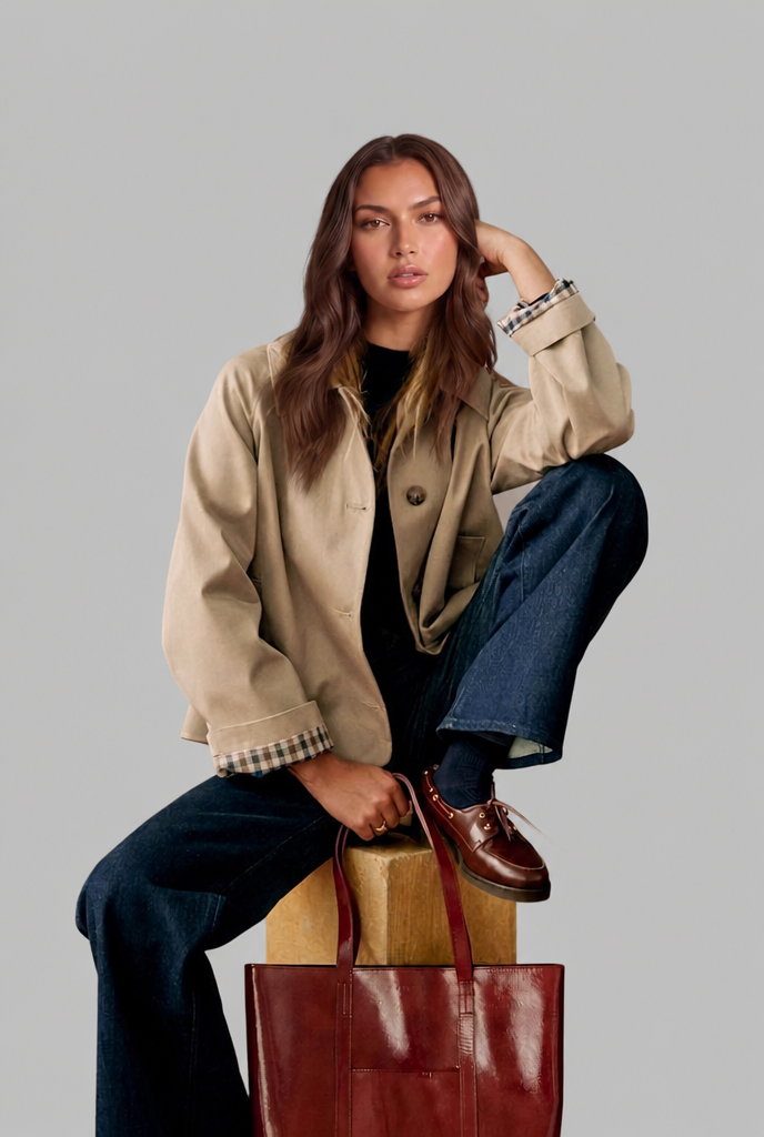 Trench Donna Corto Boxy con Fodera a Quadri e Bottoni