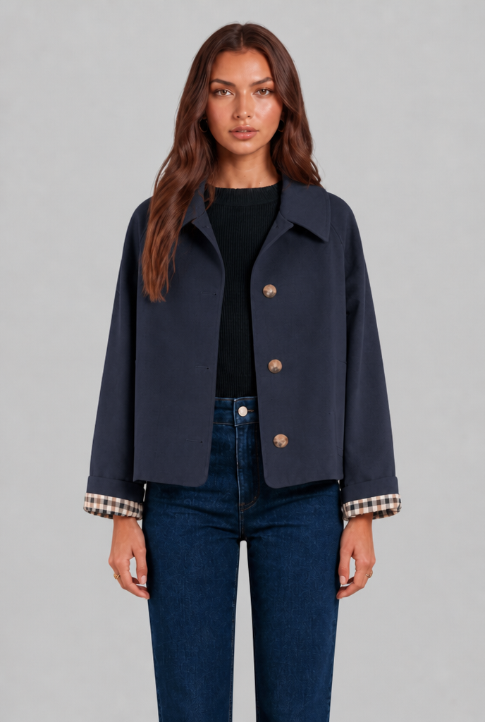 Trench Donna Corto Boxy con Fodera a Quadri e Bottoni