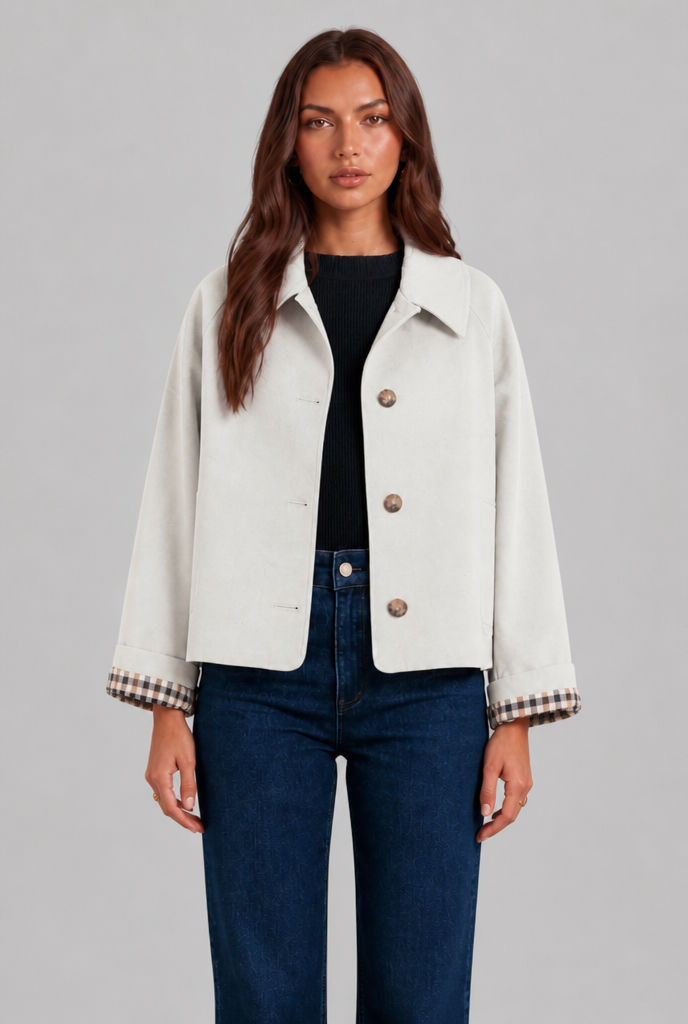 Trench Donna Corto Boxy con Fodera a Quadri e Bottoni