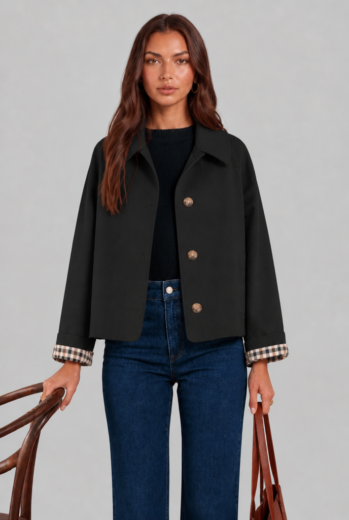 Trench Donna Corto Boxy con Fodera a Quadri e Bottoni