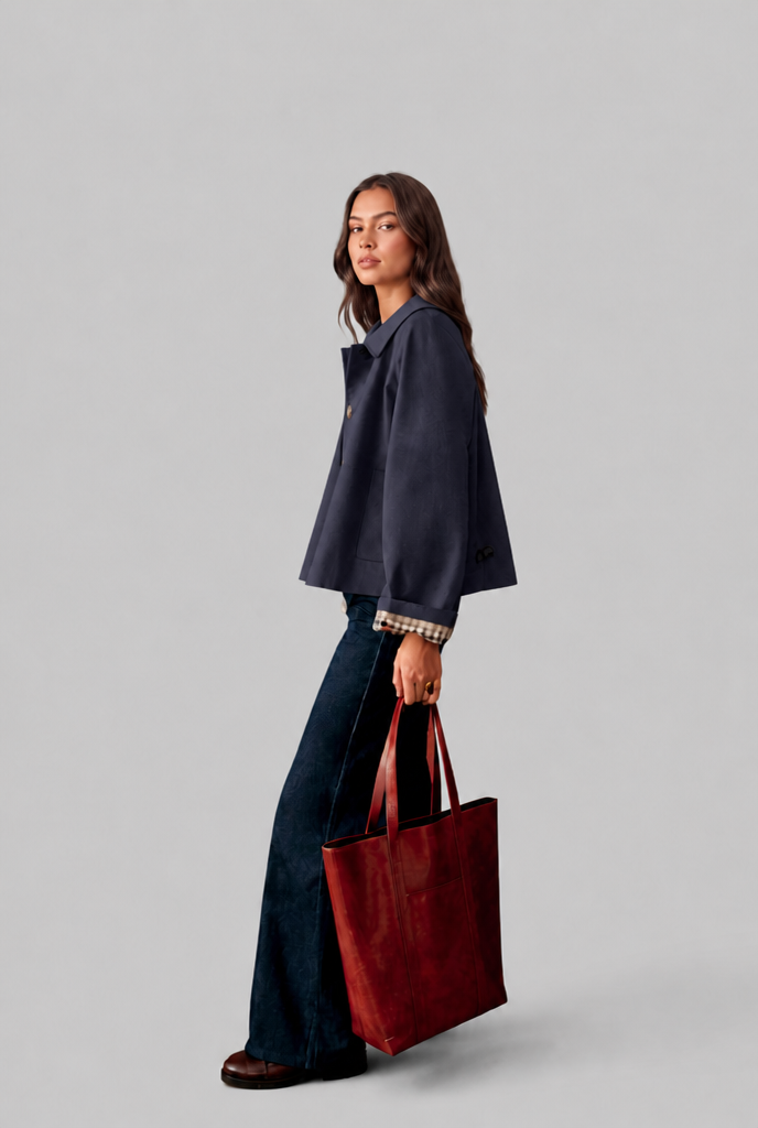 Trench Donna Corto Boxy con Fodera a Quadri e Bottoni