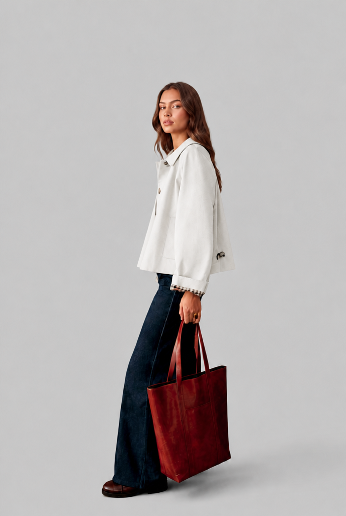 Trench Donna Corto Boxy con Fodera a Quadri e Bottoni