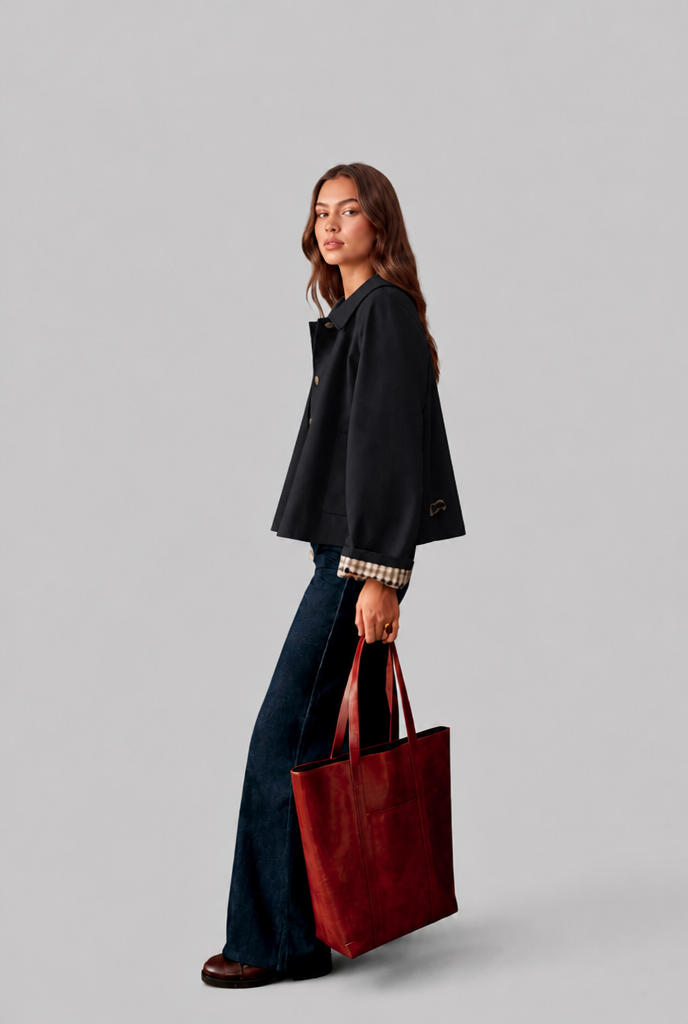 Trench Donna Corto Boxy con Fodera a Quadri e Bottoni