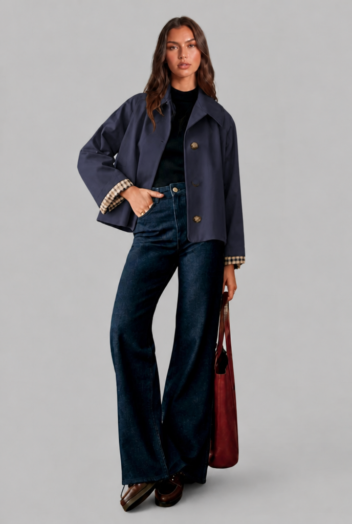 Trench Donna Corto Boxy con Fodera a Quadri e Bottoni