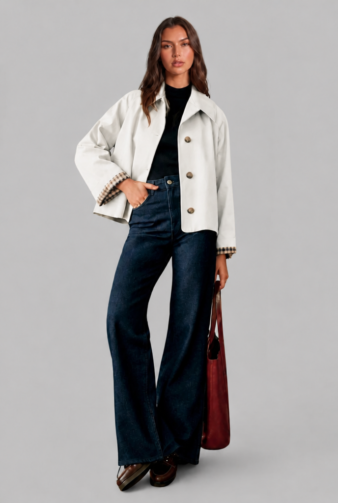 Trench Donna Corto Boxy con Fodera a Quadri e Bottoni