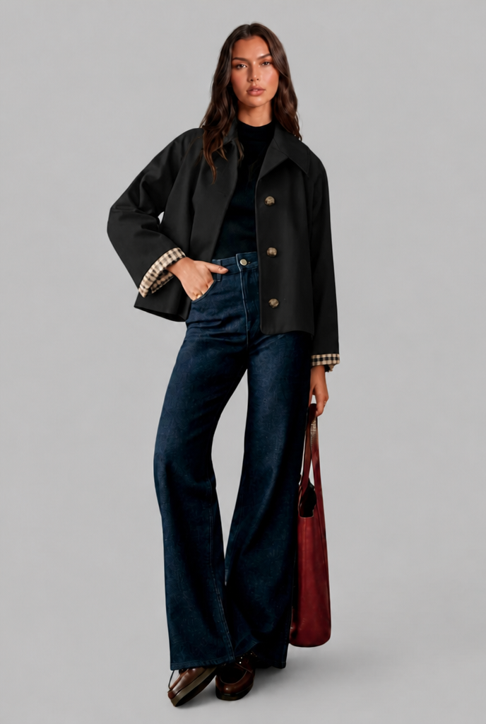 Trench Donna Corto Boxy con Fodera a Quadri e Bottoni