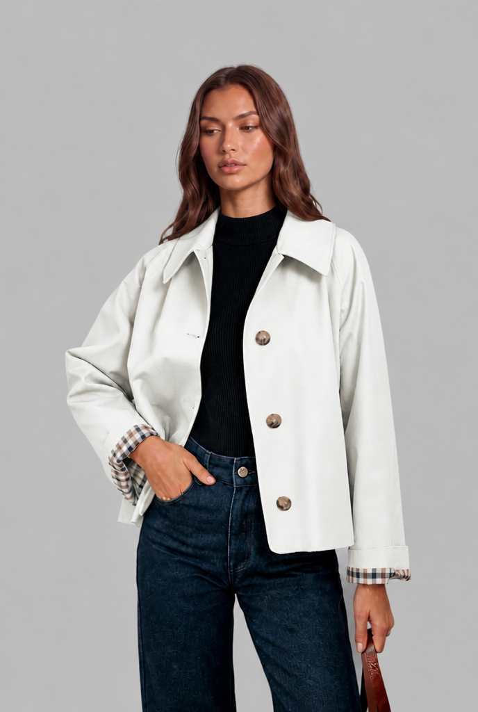 Trench Donna Corto Boxy con Fodera a Quadri e Bottoni