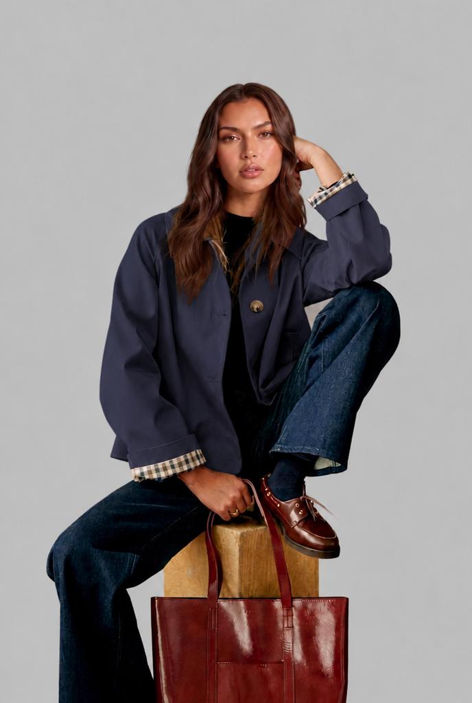 Trench Donna Corto Boxy con Fodera a Quadri e Bottoni