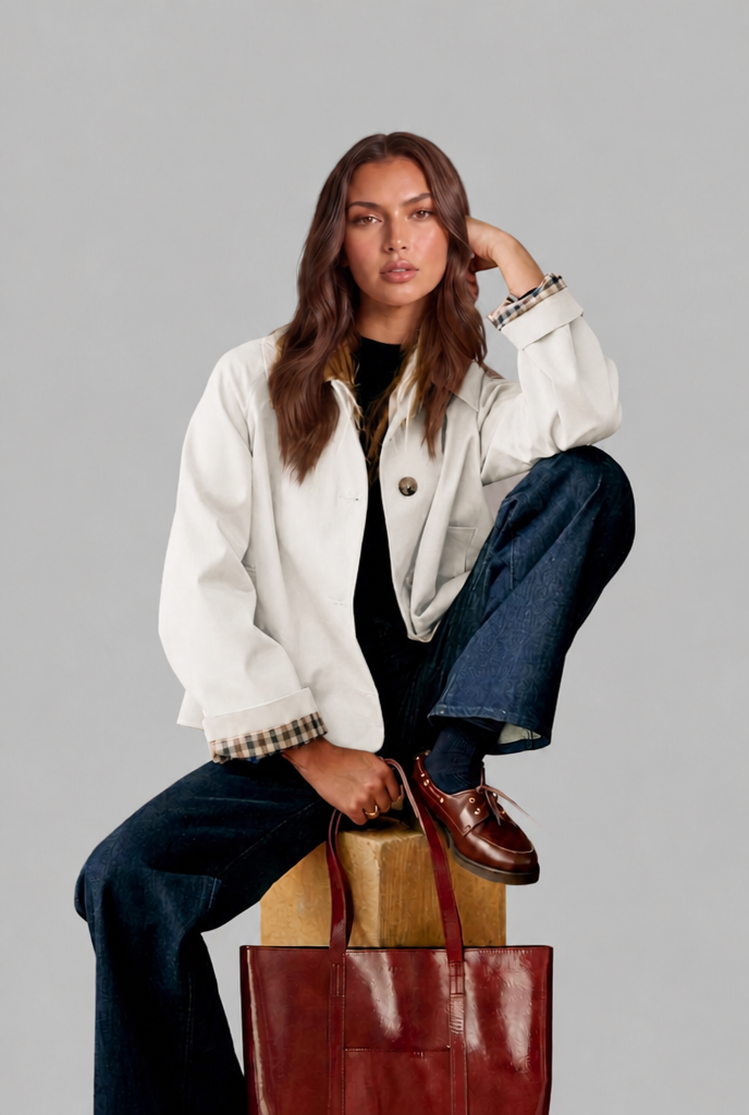 Trench Donna Corto Boxy con Fodera a Quadri e Bottoni