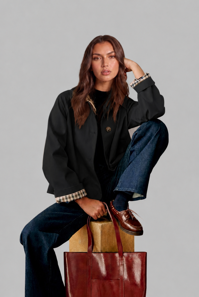 Trench Donna Corto Boxy con Fodera a Quadri e Bottoni
