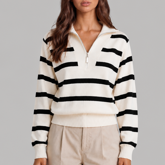 Maglione Donna Mezza Zip a Righe in Maglia Spazzolata