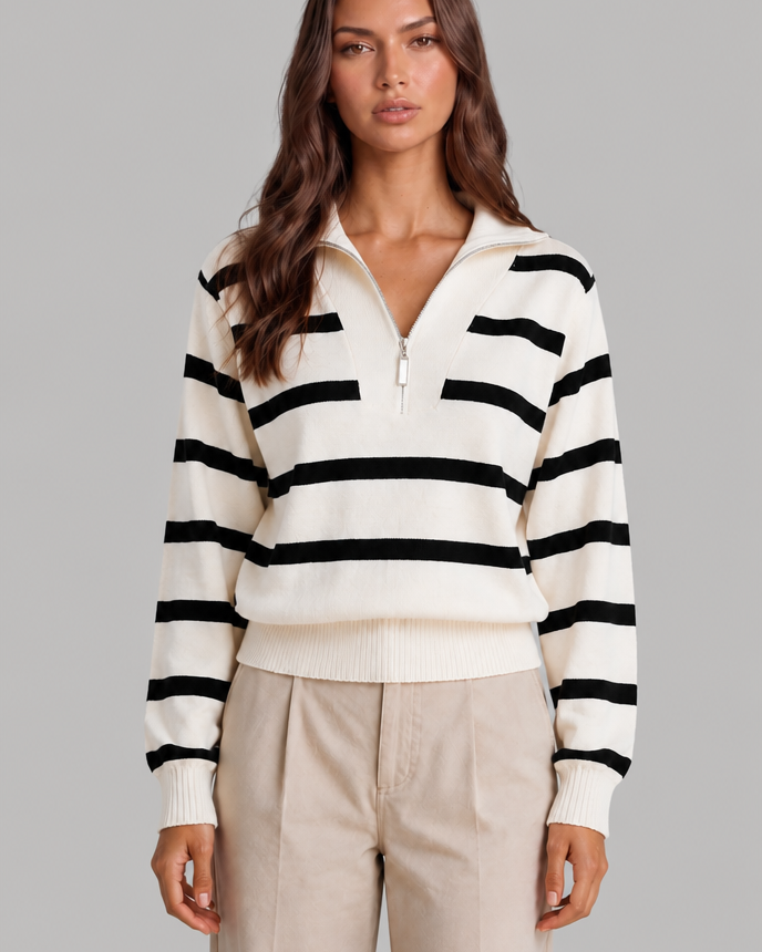 Maglione Donna Mezza Zip a Righe in Maglia Spazzolata