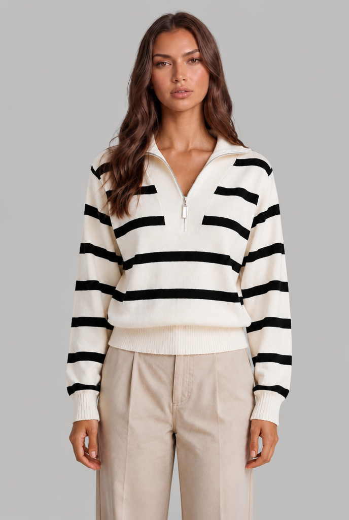Maglione Donna Mezza Zip a Righe in Maglia Spazzolata