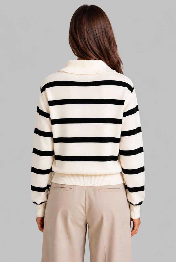 Maglione Donna Mezza Zip a Righe in Maglia Spazzolata