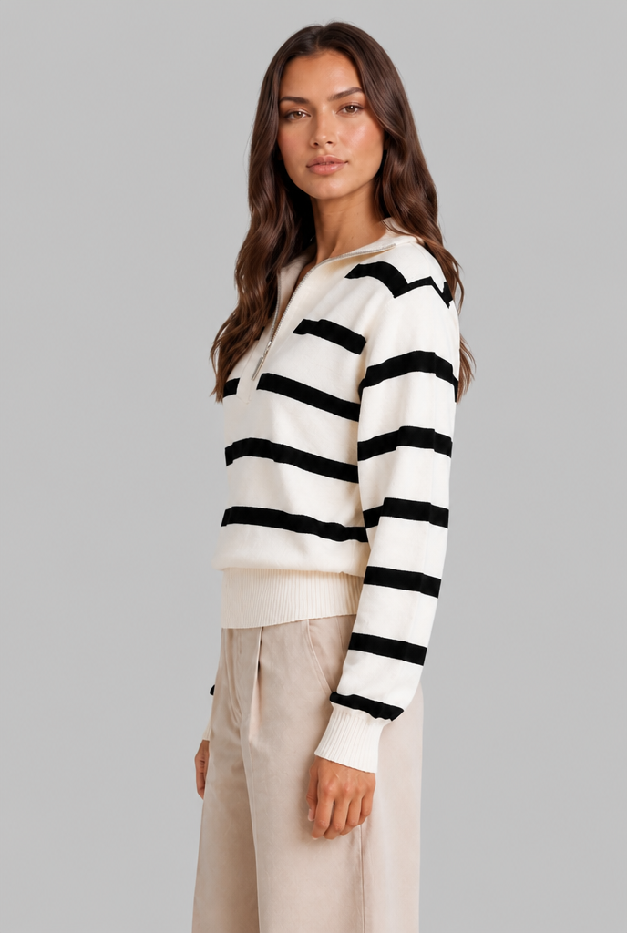 Maglione Donna Mezza Zip a Righe in Maglia Spazzolata