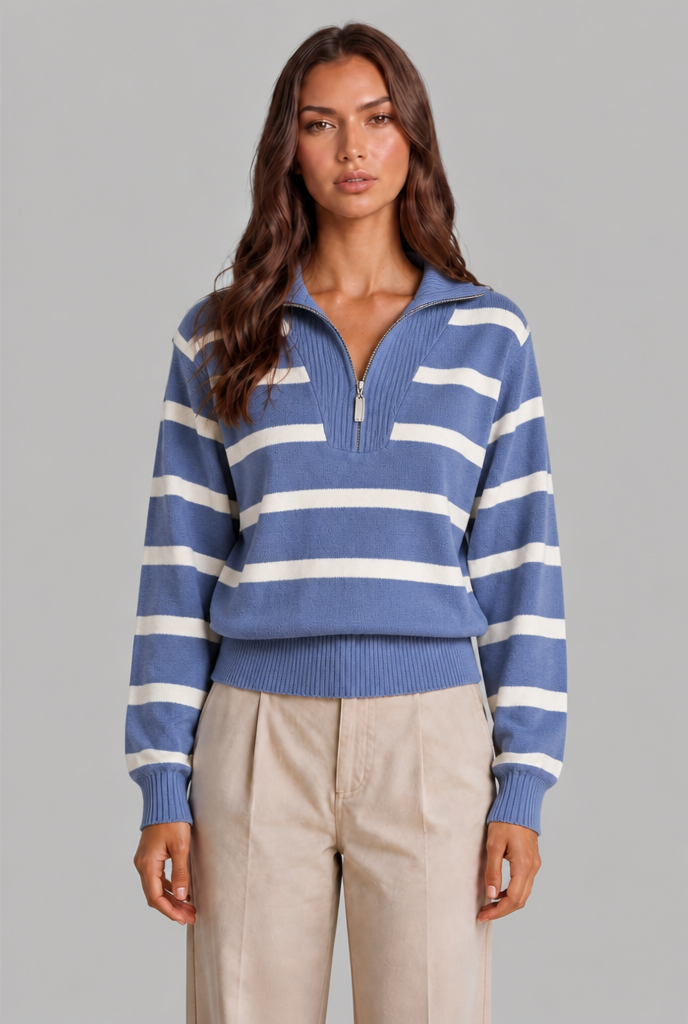 Maglione Donna Mezza Zip a Righe in Maglia Spazzolata