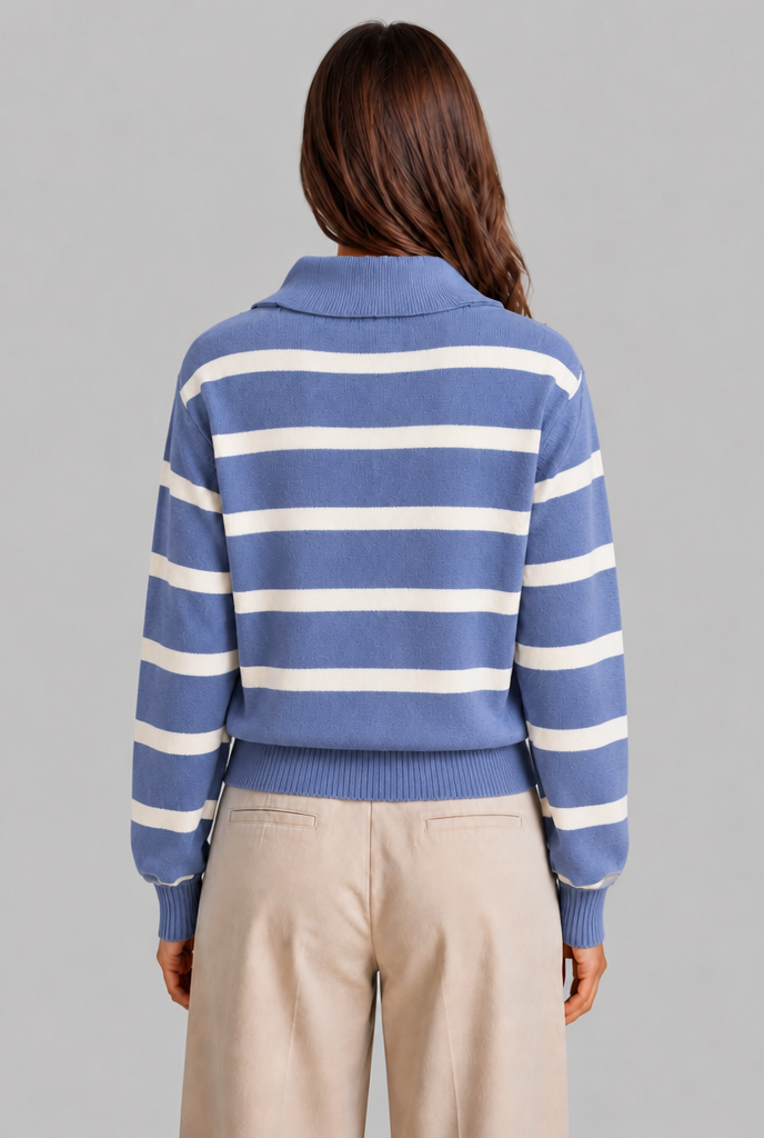 Maglione Donna Mezza Zip a Righe in Maglia Spazzolata