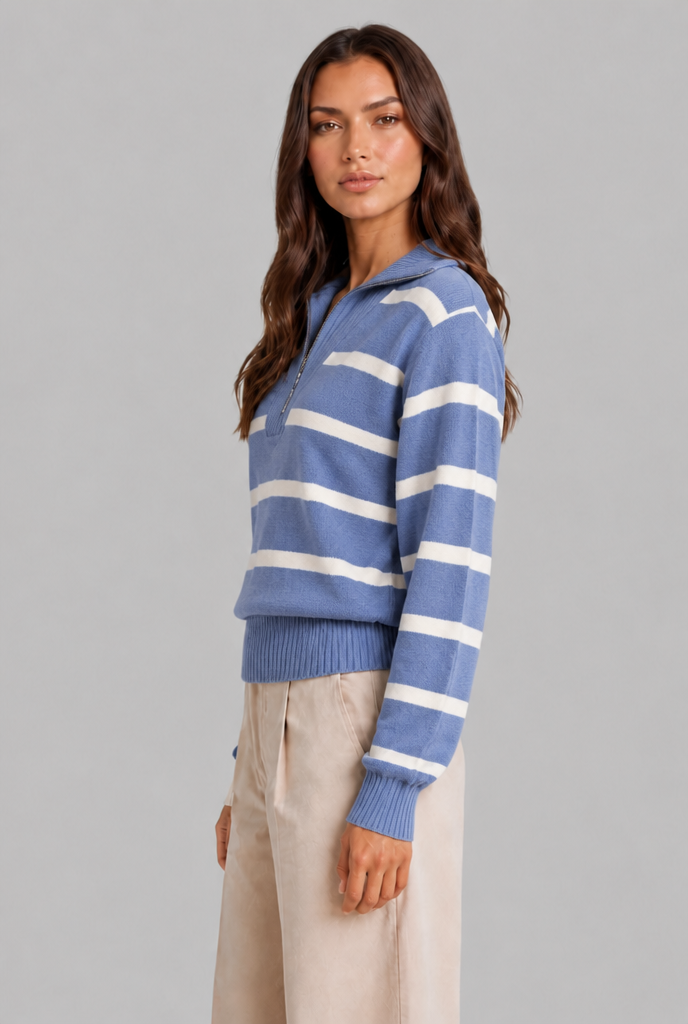 Maglione Donna Mezza Zip a Righe in Maglia Spazzolata