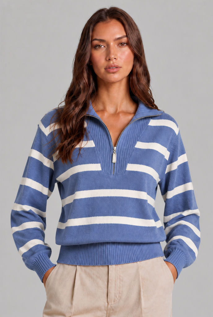 Maglione Donna Mezza Zip a Righe in Maglia Spazzolata