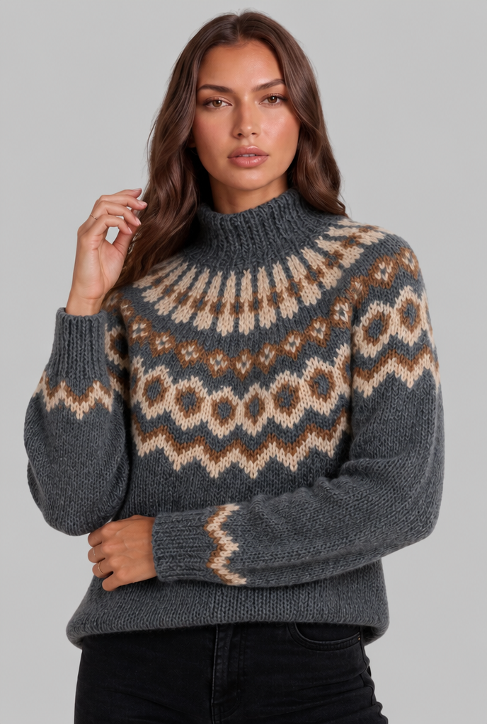Maglione Donna Fair Isle in Maglia Grossa Collo Alto