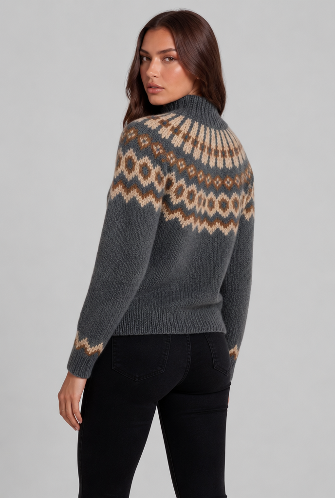 Maglione Donna Fair Isle in Maglia Grossa Collo Alto