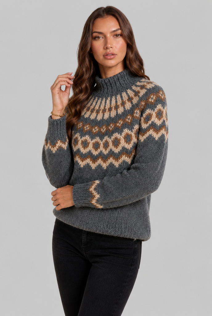 Maglione Donna Fair Isle in Maglia Grossa Collo Alto