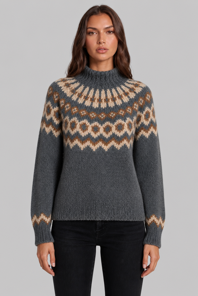 Maglione Donna Fair Isle in Maglia Grossa Collo Alto