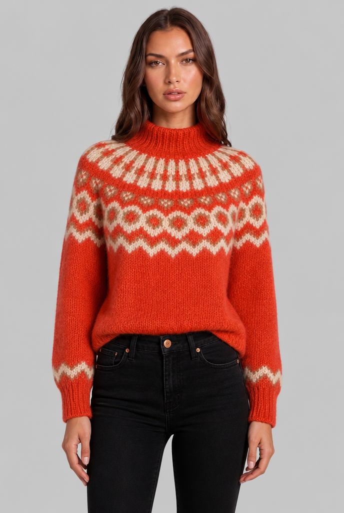 Maglione Donna Fair Isle in Maglia Grossa Collo Alto