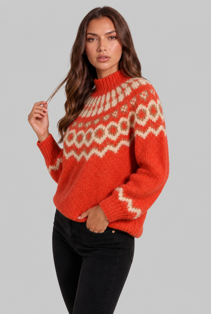 Maglione Donna Fair Isle in Maglia Grossa Collo Alto