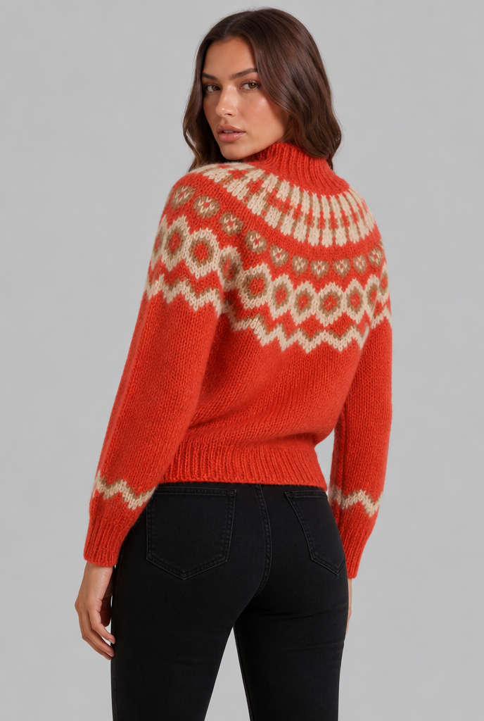 Maglione Donna Fair Isle in Maglia Grossa Collo Alto