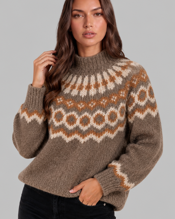 Maglione Donna Fair Isle in Maglia Grossa Collo Alto