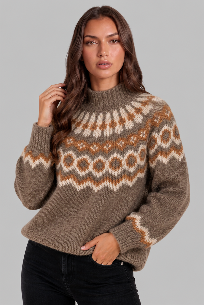Maglione Donna Fair Isle in Maglia Grossa Collo Alto
