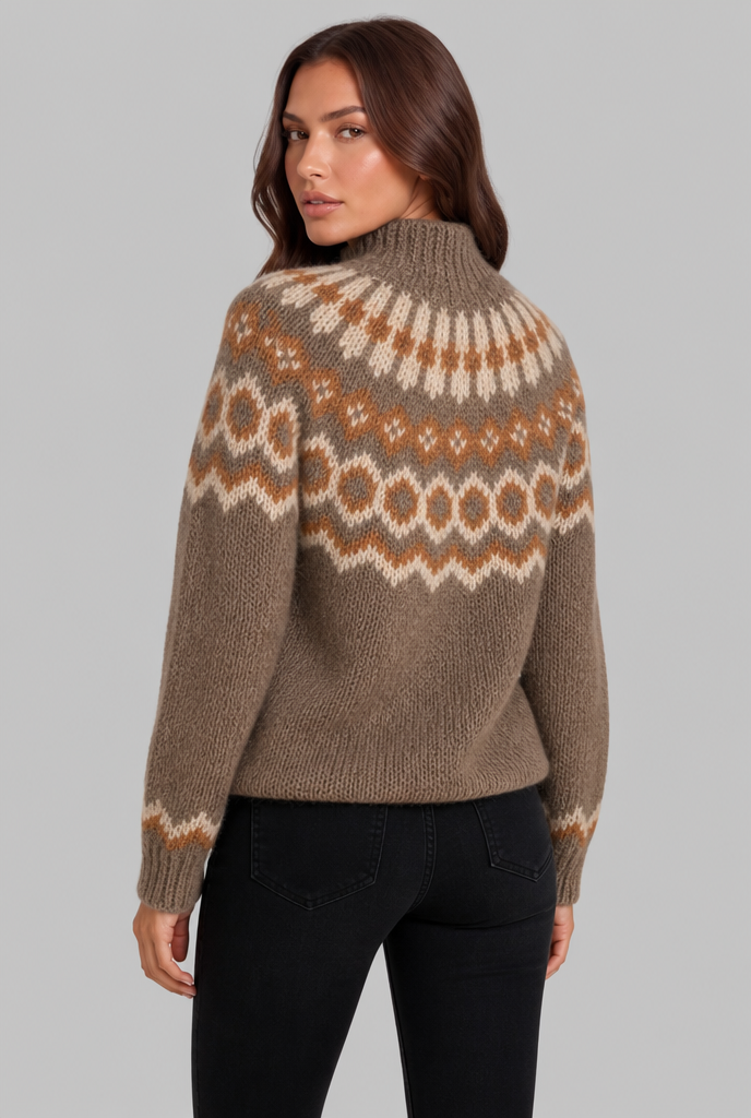 Maglione Donna Fair Isle in Maglia Grossa Collo Alto