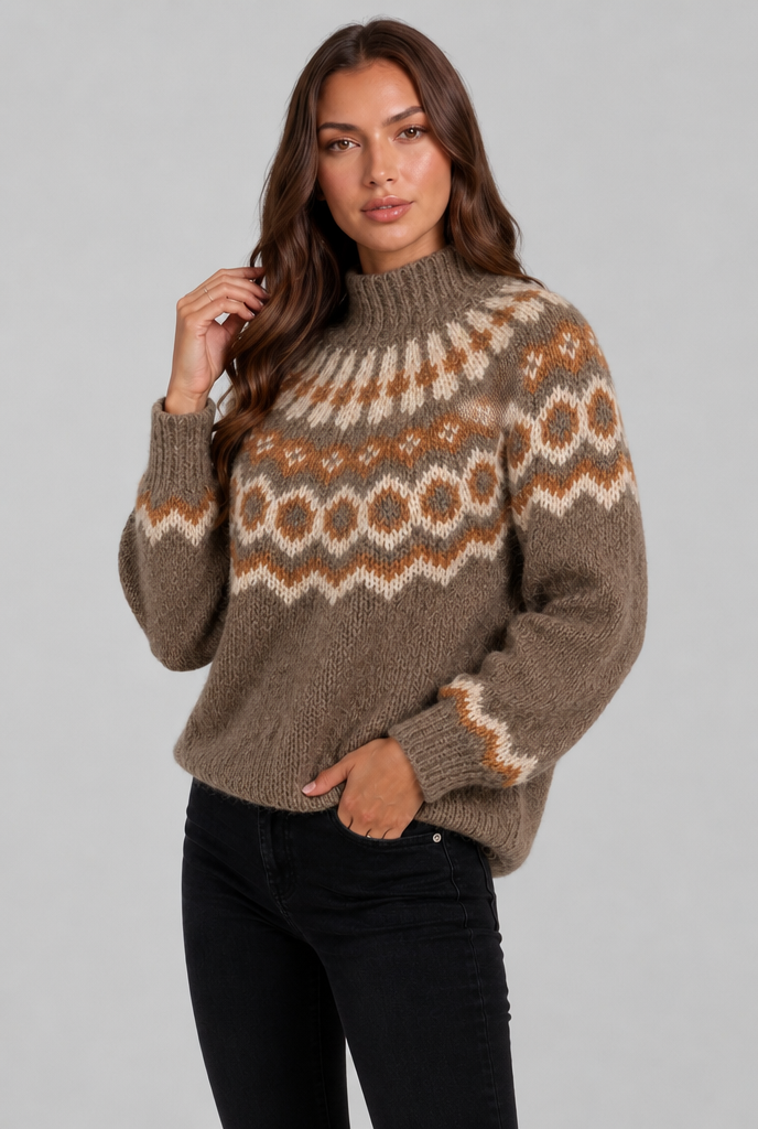 Maglione Donna Fair Isle in Maglia Grossa Collo Alto