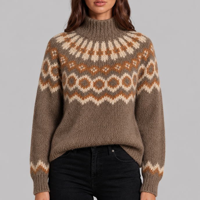 Maglione Donna Fair Isle in Maglia Grossa Collo Alto