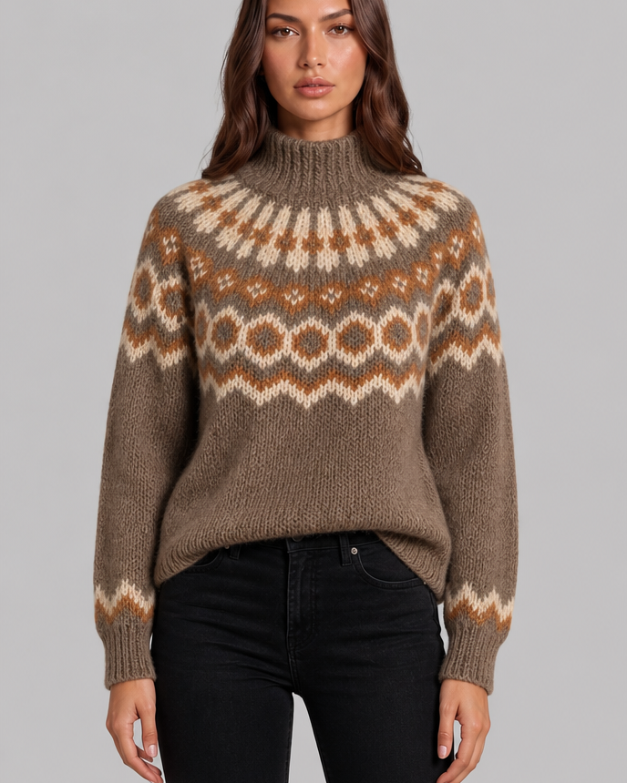 Maglione Donna Fair Isle in Maglia Grossa Collo Alto