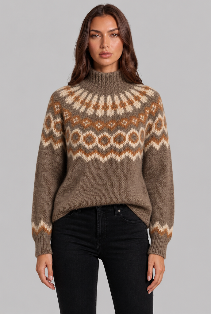 Maglione Donna Fair Isle in Maglia Grossa Collo Alto