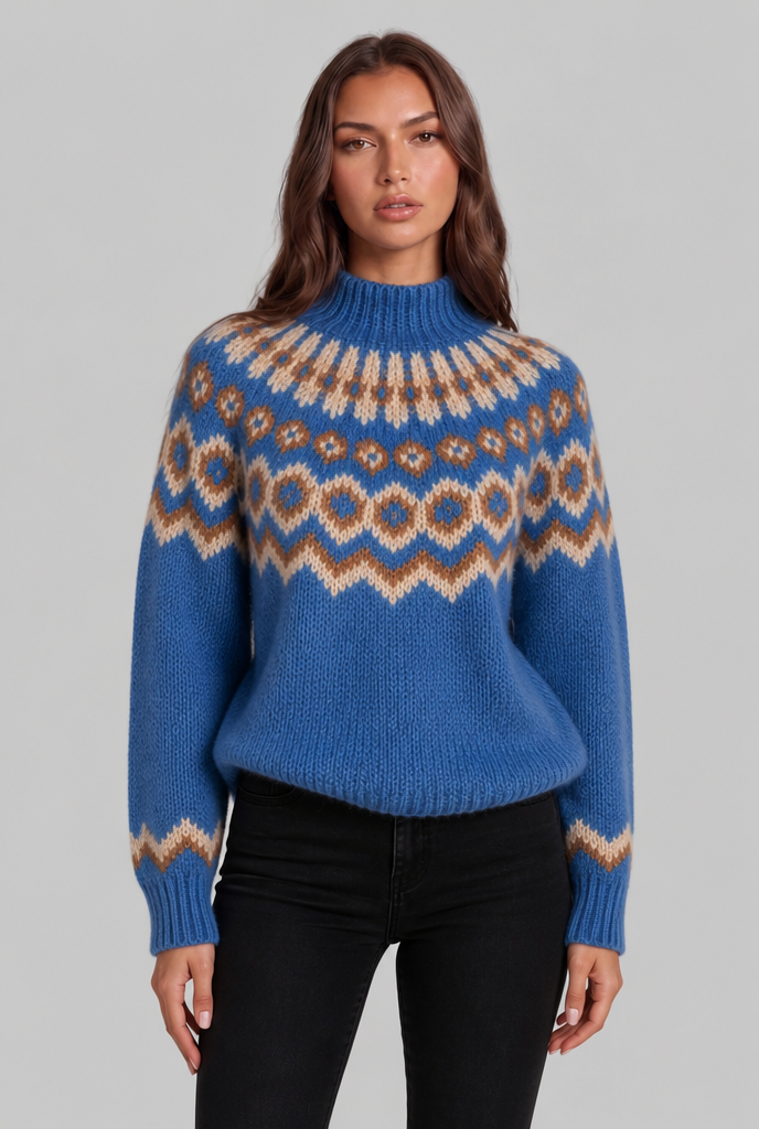 Maglione Donna Fair Isle in Maglia Grossa Collo Alto