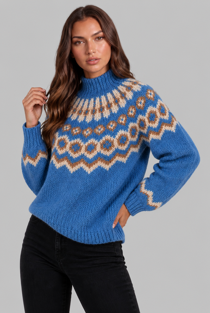 Maglione Donna Fair Isle in Maglia Grossa Collo Alto