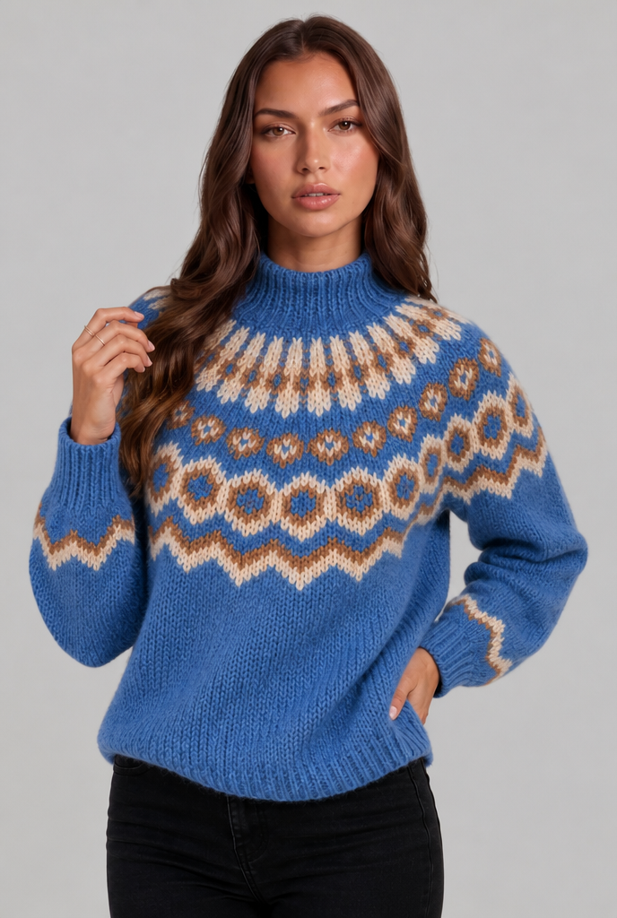 Maglione Donna Fair Isle in Maglia Grossa Collo Alto