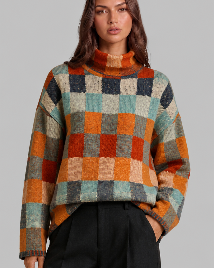Maglione Donna Collo Alto a Scacchi Multicolore Rétro