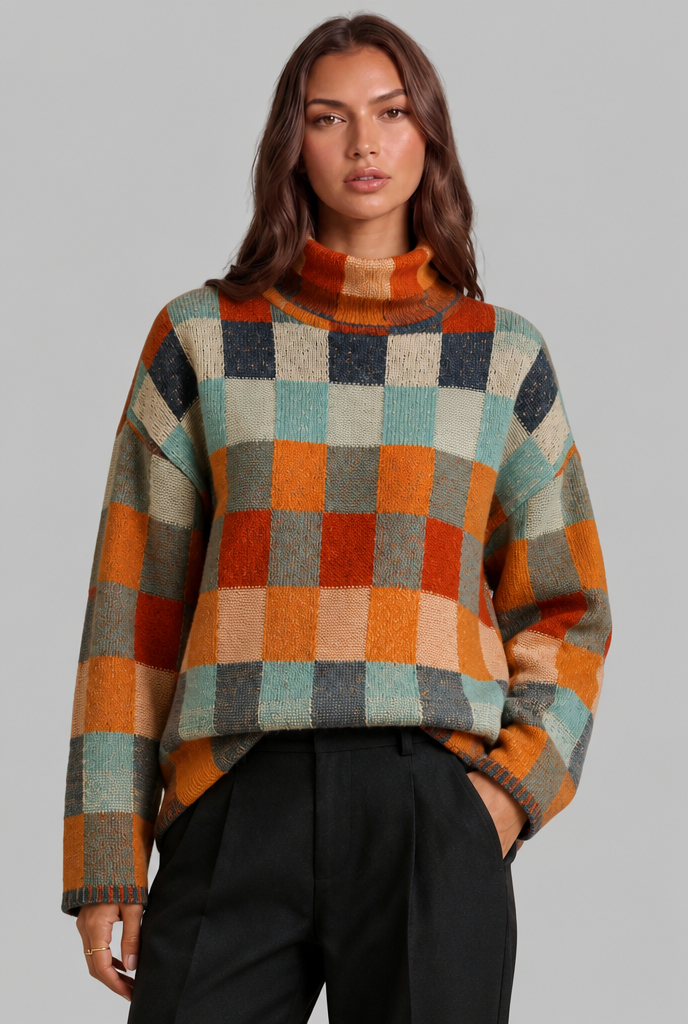 Maglione Donna Collo Alto a Scacchi Multicolore Rétro