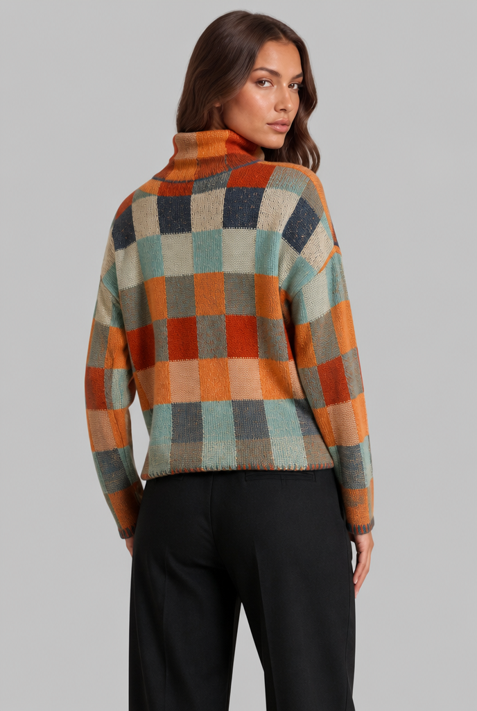Maglione Donna Collo Alto a Scacchi Multicolore Rétro