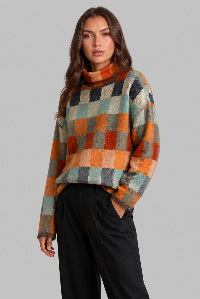 Maglione Donna Collo Alto a Scacchi Multicolore Rétro