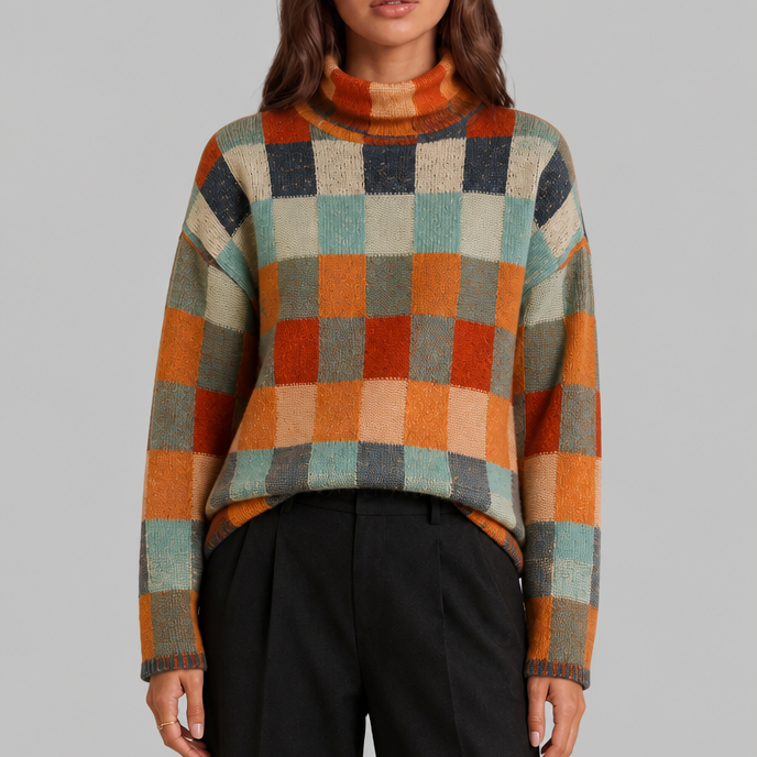 Maglione Donna Collo Alto a Scacchi Multicolore Rétro