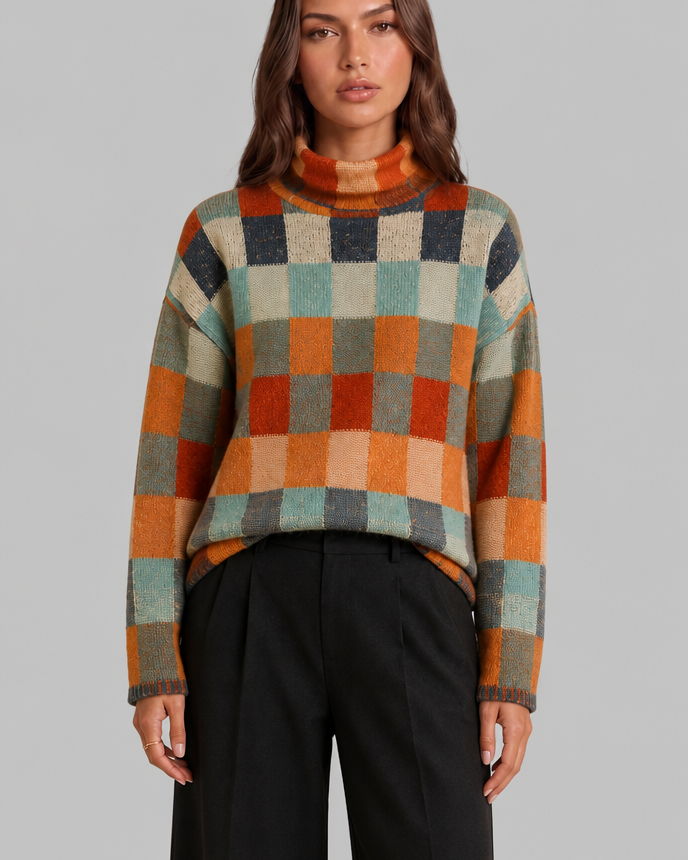 Maglione Donna Collo Alto a Scacchi Multicolore Rétro