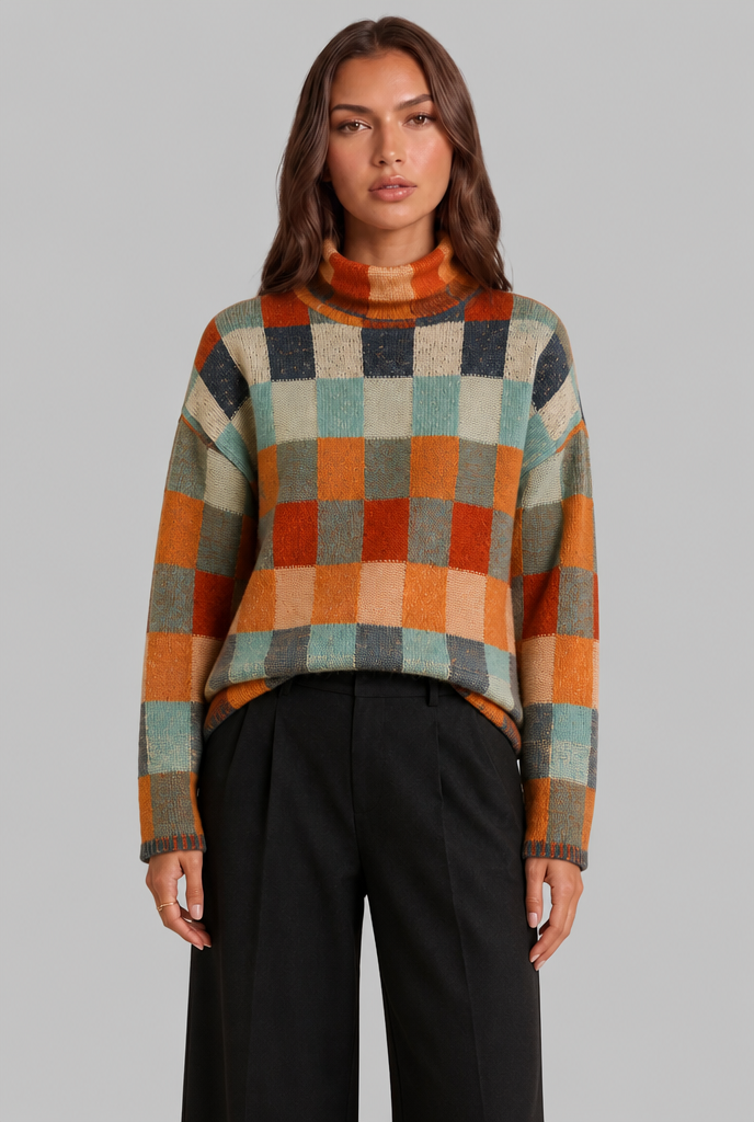 Maglione Donna Collo Alto a Scacchi Multicolore Rétro