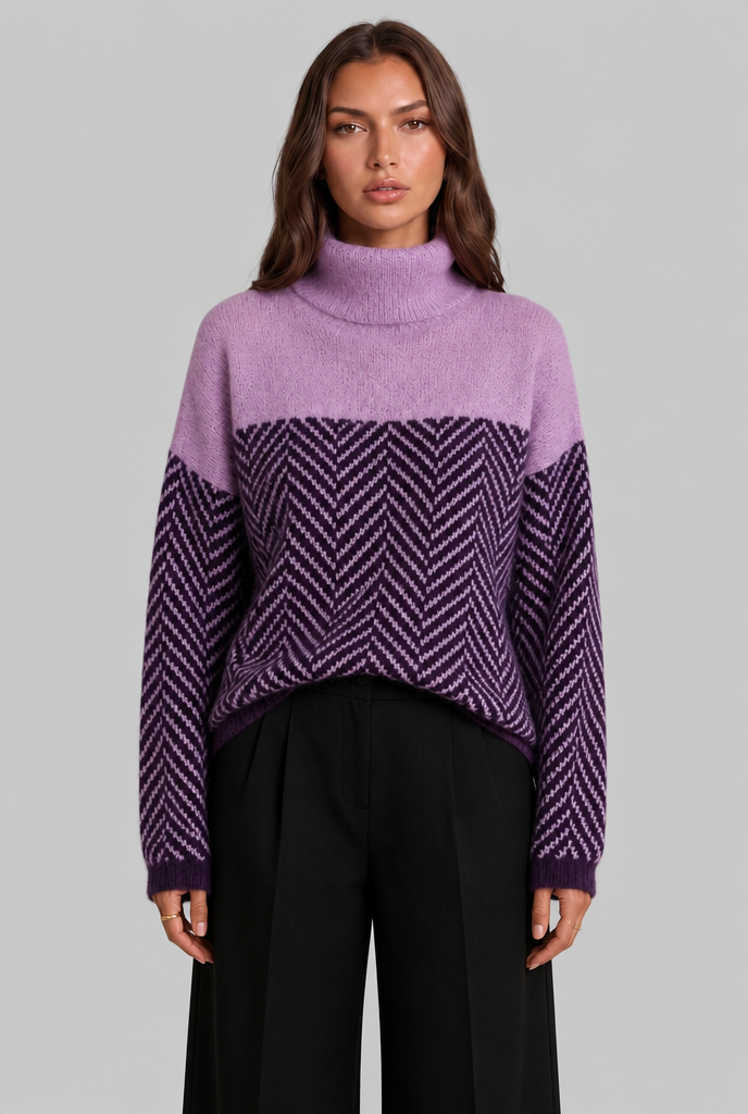 Maglione Donna Collo Alto Chevron Bicolore Blu e Crema